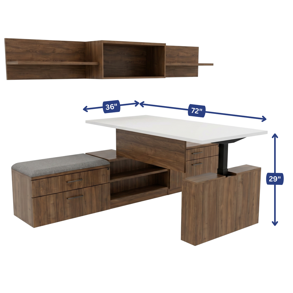 Ascend Height-Adjustable Office Desk with Storage Bench dimension diagram, 72 by 36 by 29 inches