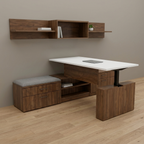 Elevated view of a standing desk with storage, cushioned bench and wall shelves on a light wood floor