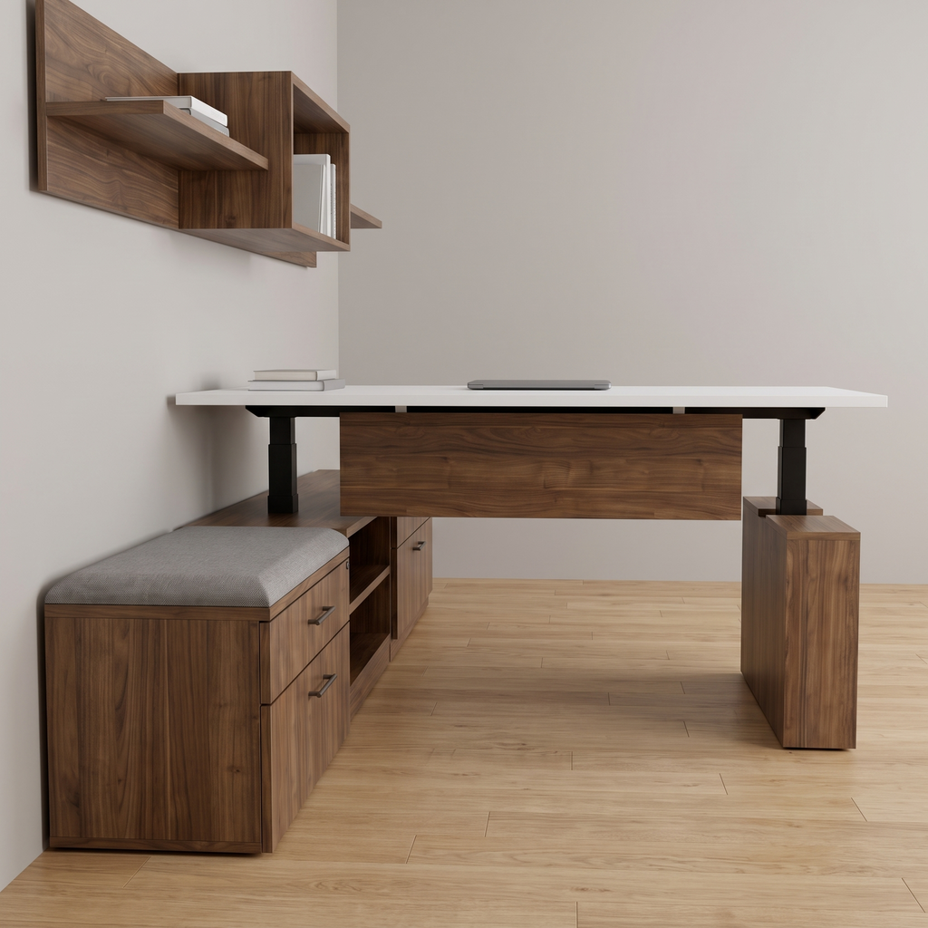Side view of a walnut standing desk with drawers, storage bench cushion and wall shelves