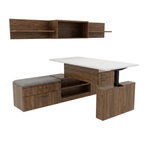 Height adjustable office desk in walnut woodgrain with a storage bench and wall shelves