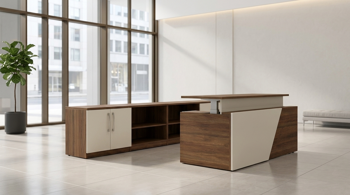 Height-adjustable reception desk in walnut facing a daylit corporate lobby window wall
