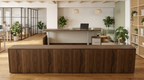 Walnut reception desk front elevation in a coworking hub with glass-walled offices