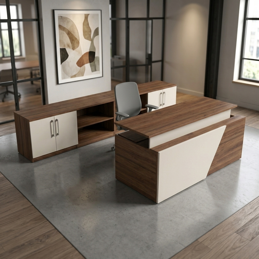 Overture height-adjustable reception desk in walnut with an angled white front panel
