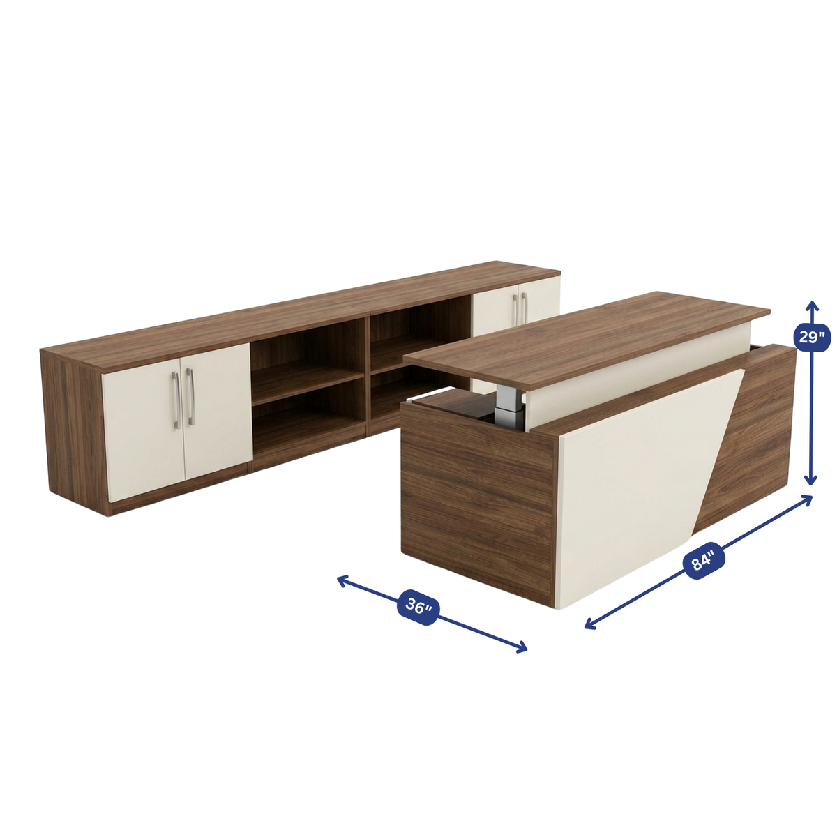Overture Height-Adjustable Reception Desk dimension diagram, 84 by 36 by 29 inches