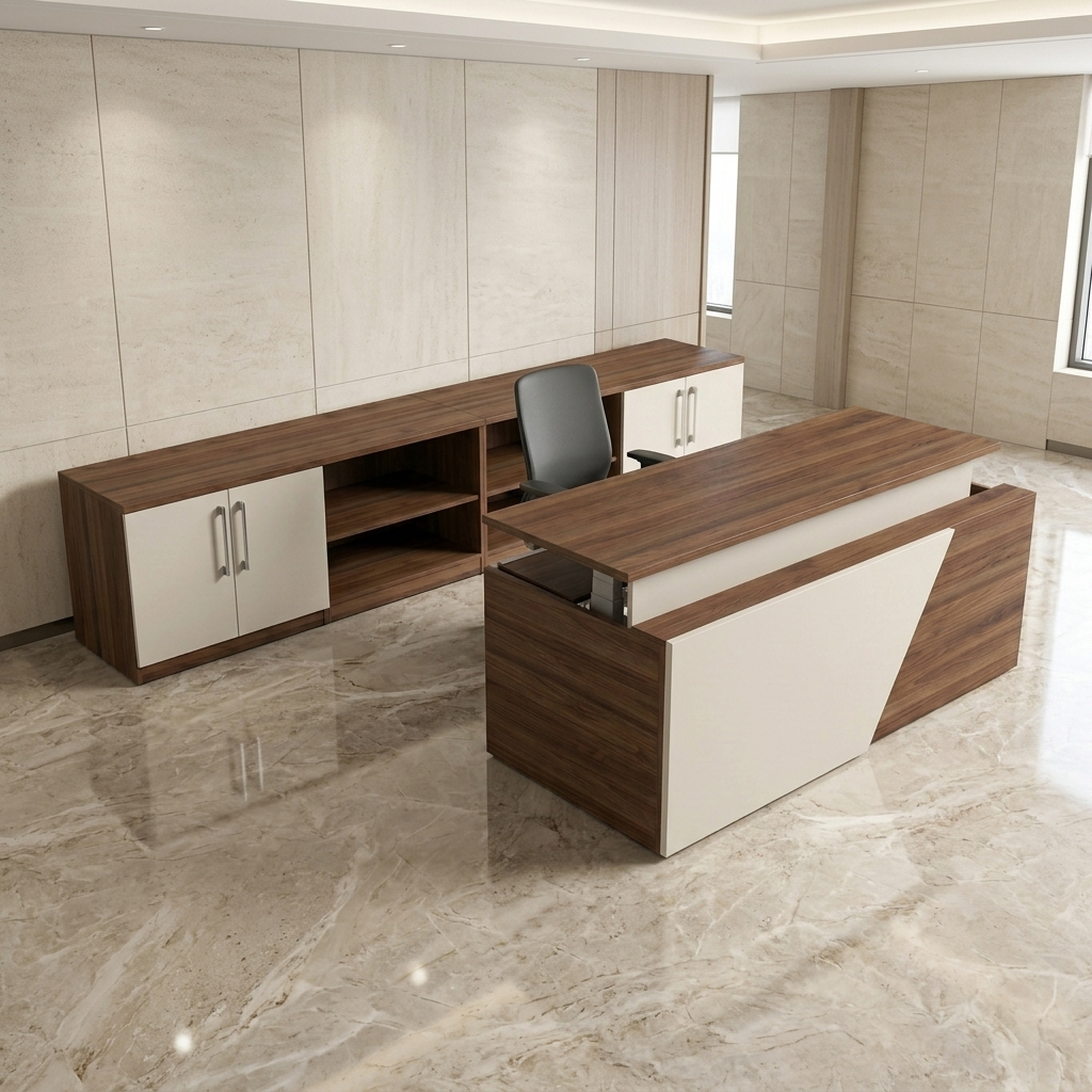 Walnut reception desk with matching credenza in a stone-floored executive suite