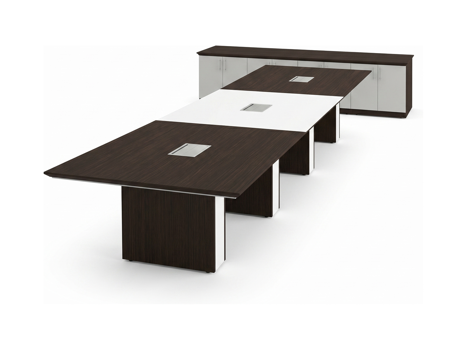 Huge conference table in espresso with white center section and matching storage credenza wall