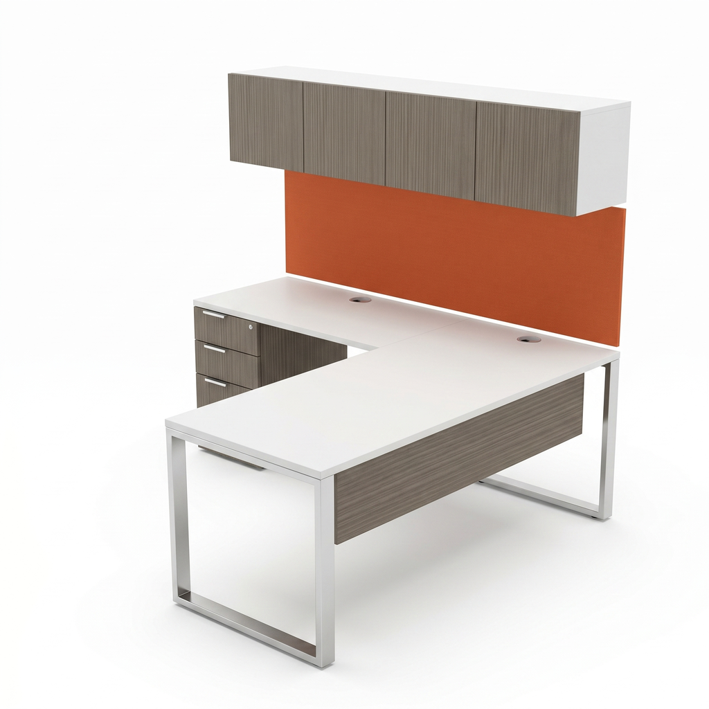 Open-frame executive desk L shape with silver metal legs and locking pedestal