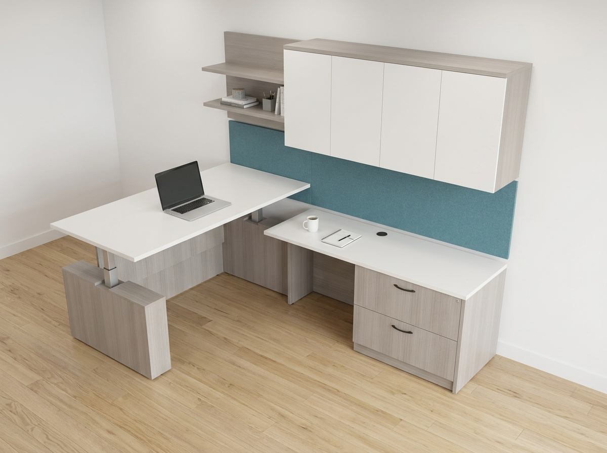 Aerial view of a light gray L shaped desk, white top and teal tackboard on a wood floor