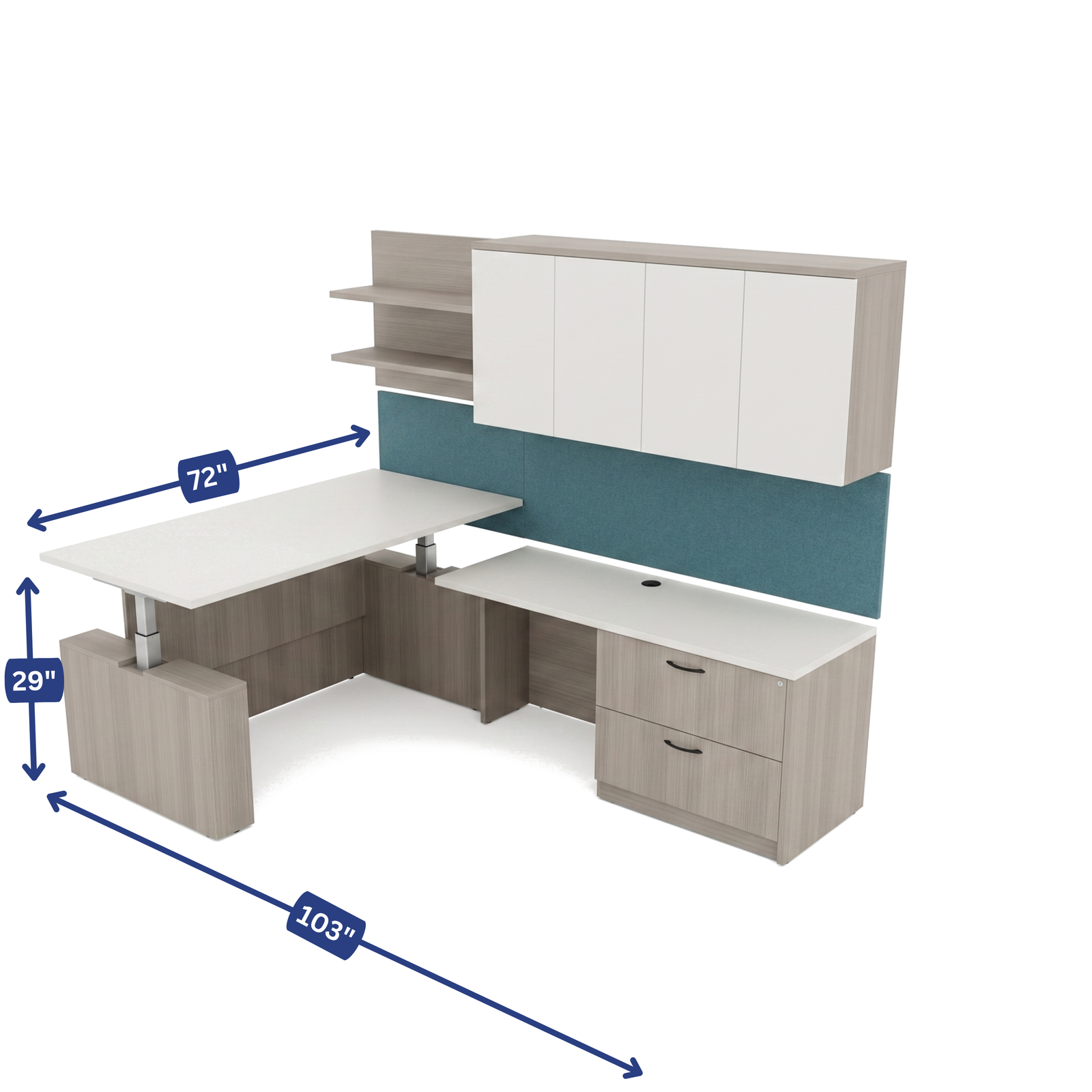 Ascend L-Shaped Office Desk with Hutch, Sit-Stand dimensions diagram