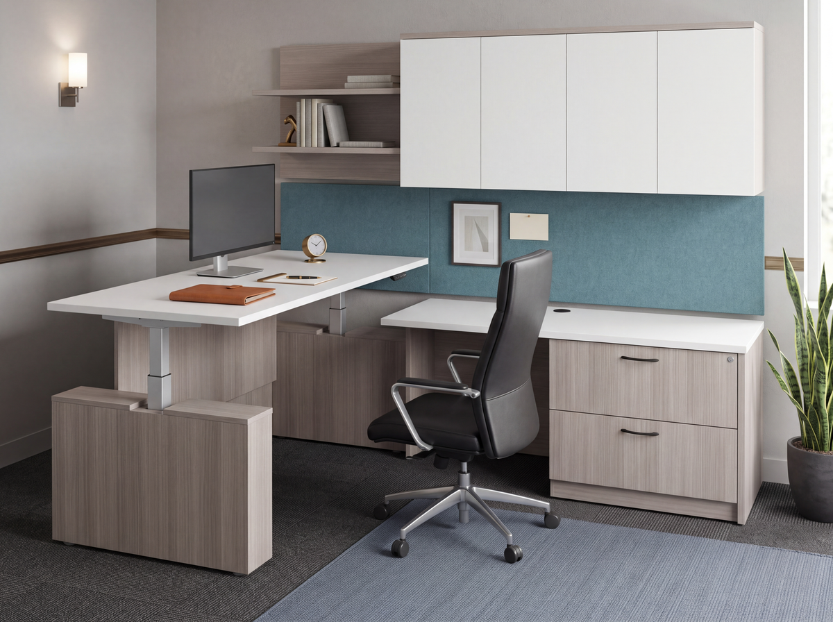 L shaped desk with hutch and lateral file in a corporate office with a black task chair and monitor