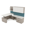 L shaped office desk with hutch, light gray woodgrain, white sit-stand top and teal tackboard