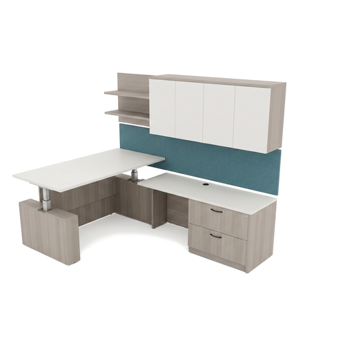 L shaped office desk with hutch, light gray woodgrain, white sit-stand top and teal tackboard
