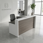 Overture L-shaped reception desk with storage in gray woodgrain and white