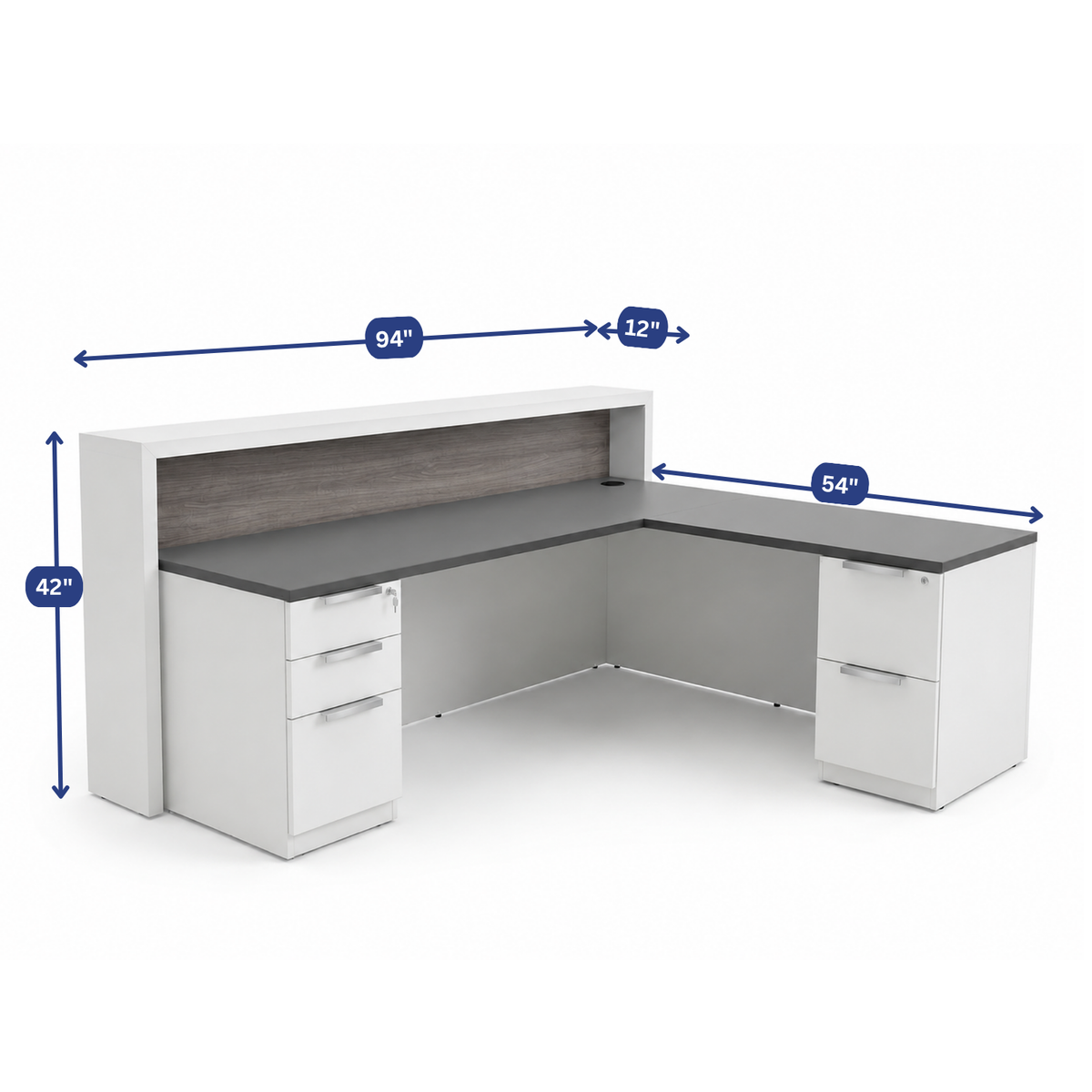 Overture L-Shaped Reception Desk with Storage dimension diagram, 94 inches wide by 42 inches high