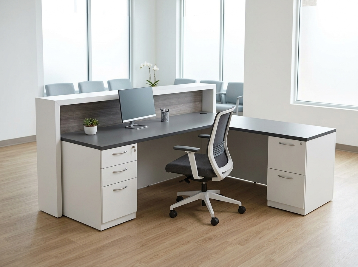 Gray L-shaped reception desk with storage pedestals in a medical clinic reception