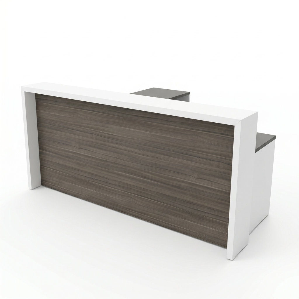 L shaped reception desk with storage, white frame with driftwood front panel and side return