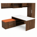 Large executive desk workstation with credenzas, wardrobe, and floating shelves