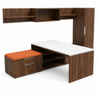Large executive desk workstation with credenzas, wardrobe, and floating shelves