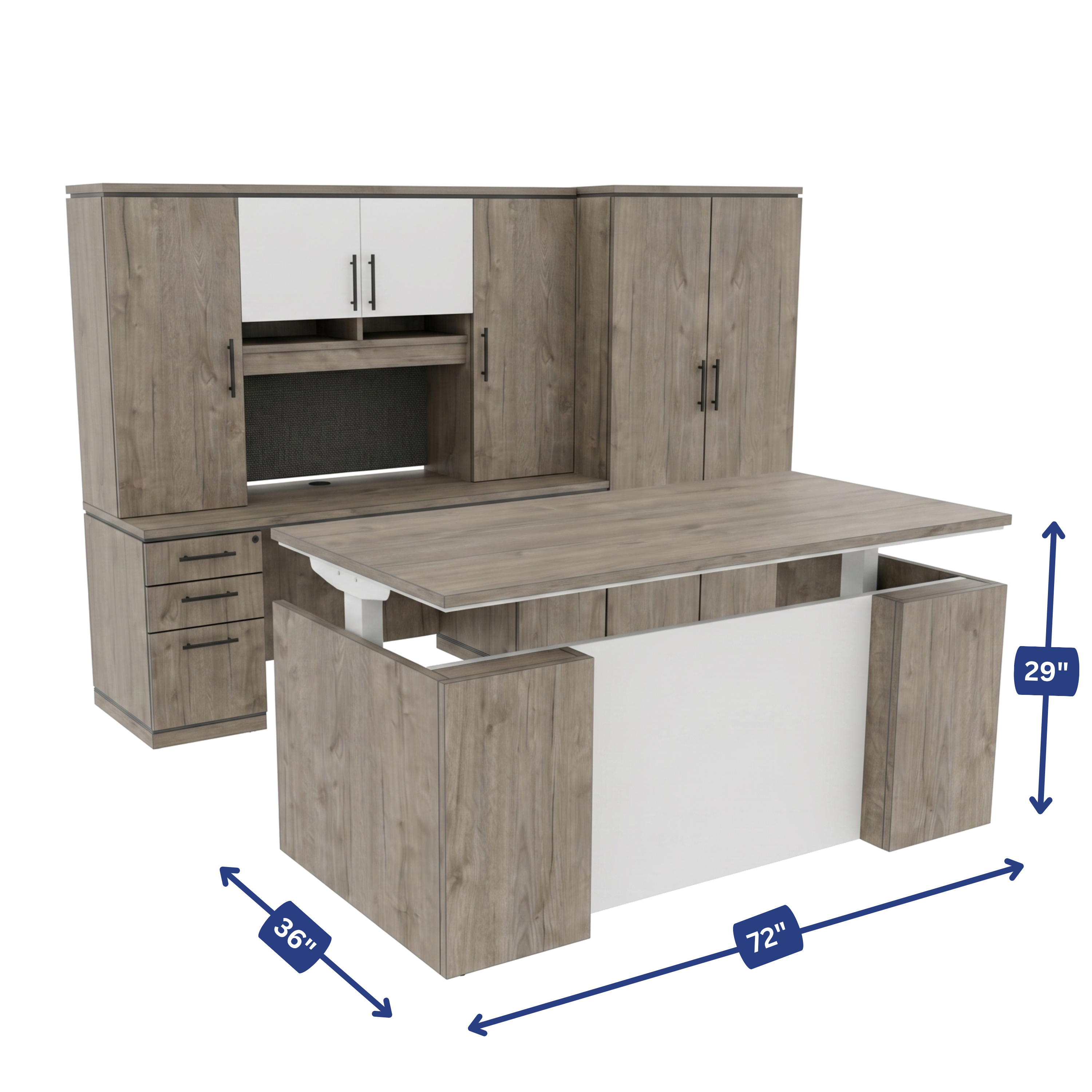 Ascend Large Executive Office Desk with Hutch and Wardrobe dimension diagram, 72 by 36 by 29 inches