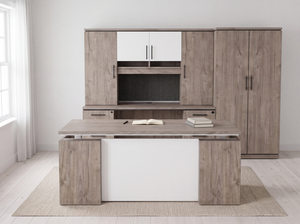 Executive desk for home office in gray oak woodgrain with hutch credenza and wardrobe, jute rug