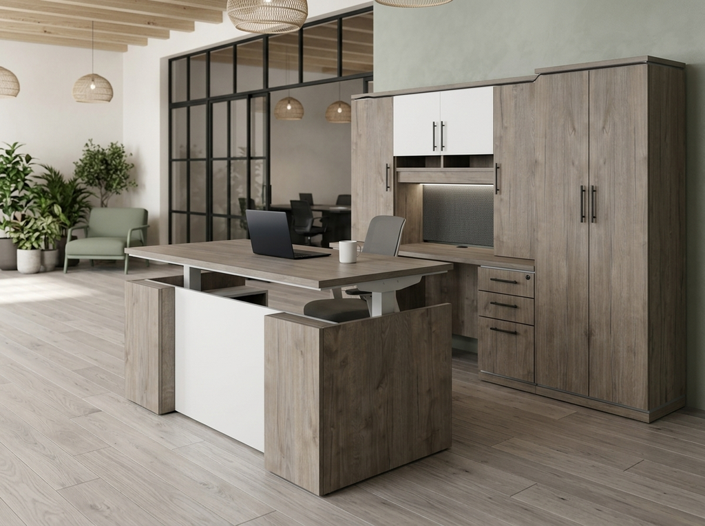 Gray oak executive desk with hutch credenza and wardrobe in a loft office with exposed beams and plants