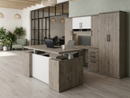 Gray oak executive desk with hutch credenza and wardrobe in a loft office with exposed beams and plants