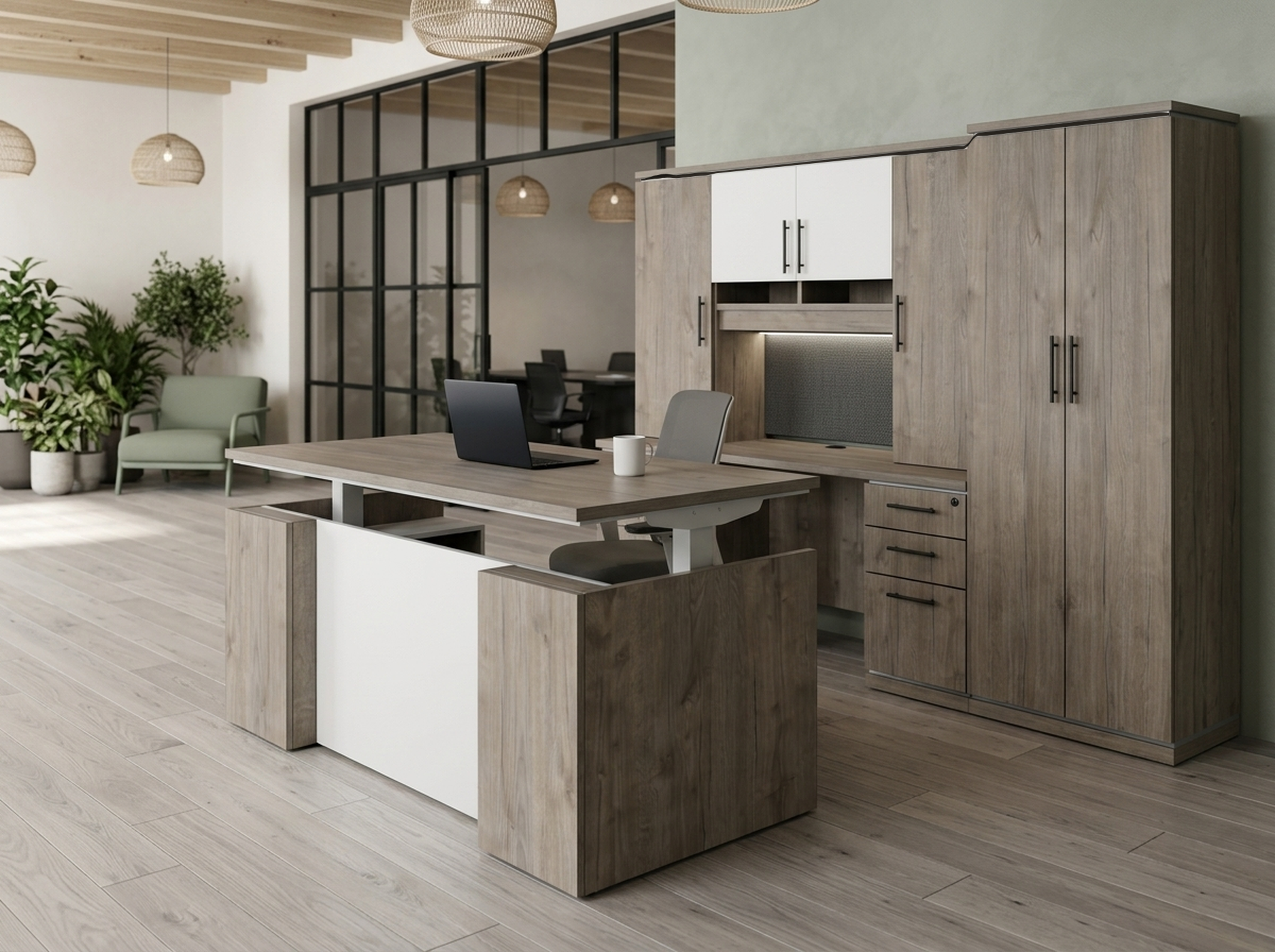 Gray oak executive desk with hutch credenza and wardrobe in a loft office with exposed beams and plants