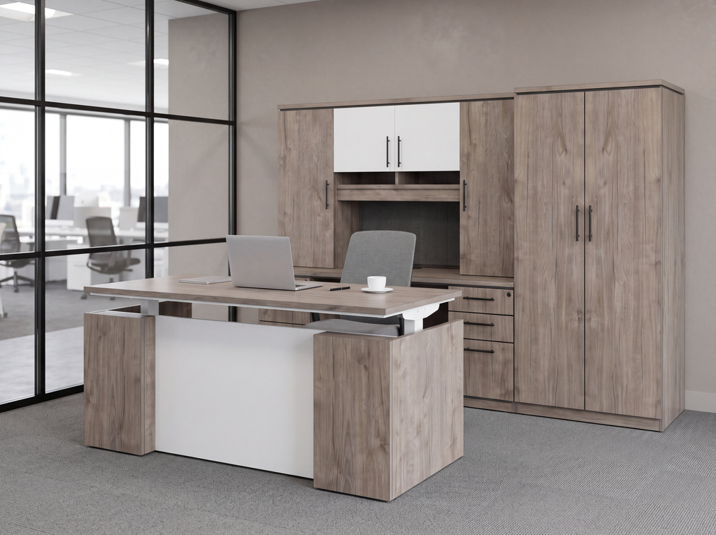 Executive desk set in gray oak with a sit-stand desk, credenza, hutch and a two-door wardrobe