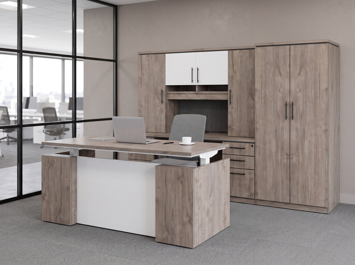 Executive desk set in gray oak with a sit-stand desk, credenza, hutch and a two-door wardrobe