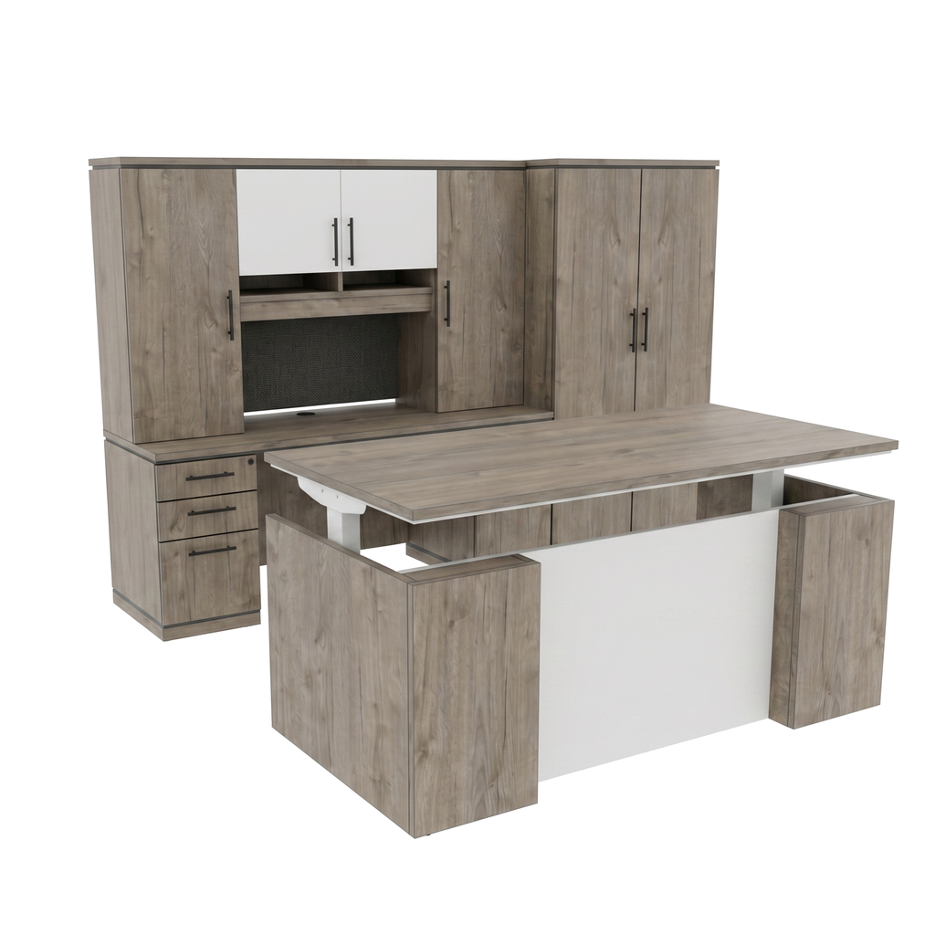 Large executive office desk in gray oak woodgrain with hutch credenza and wardrobe behind