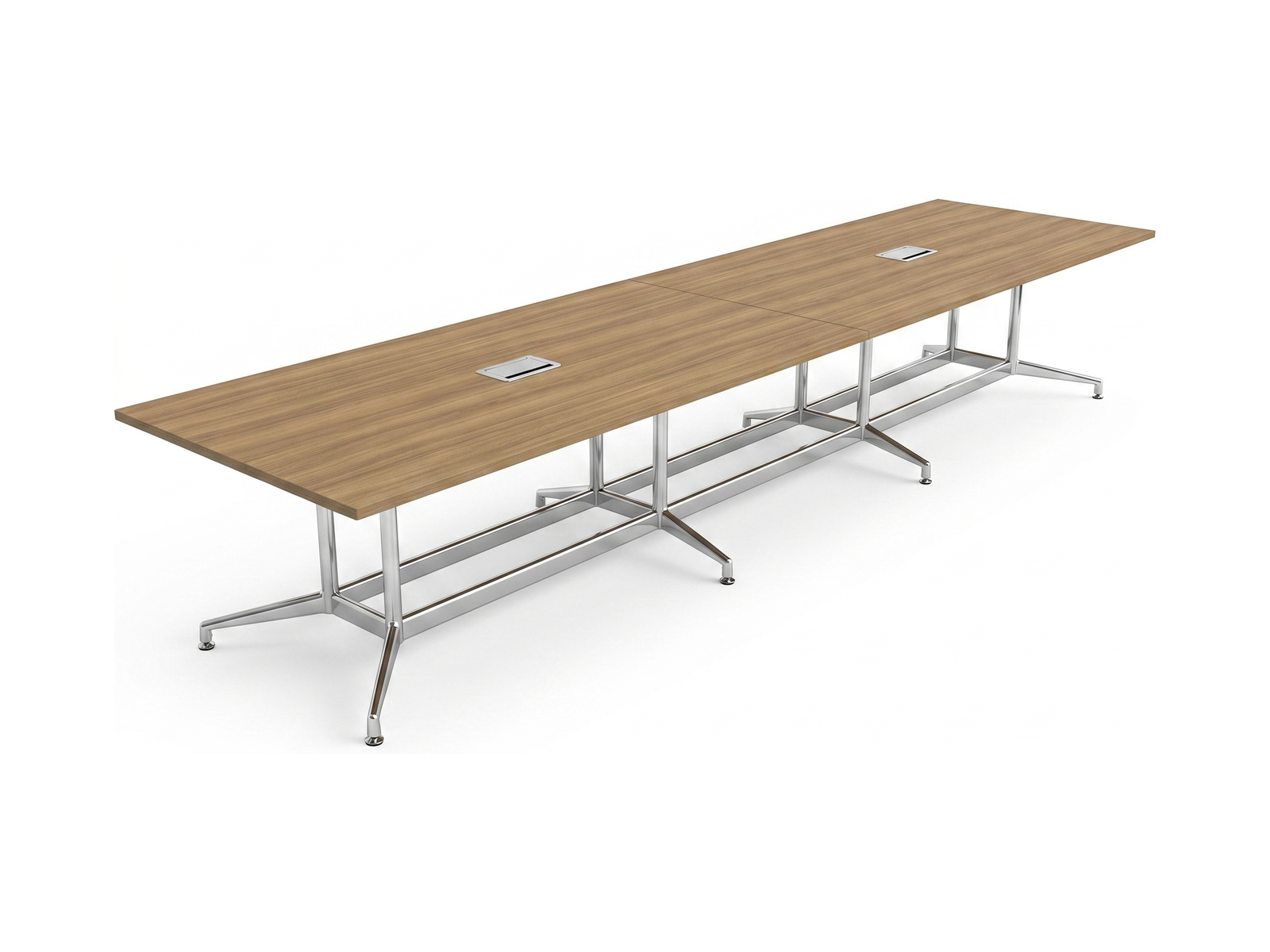 Large rectangular conference table in honey teak with chrome frame legs and two power hatches