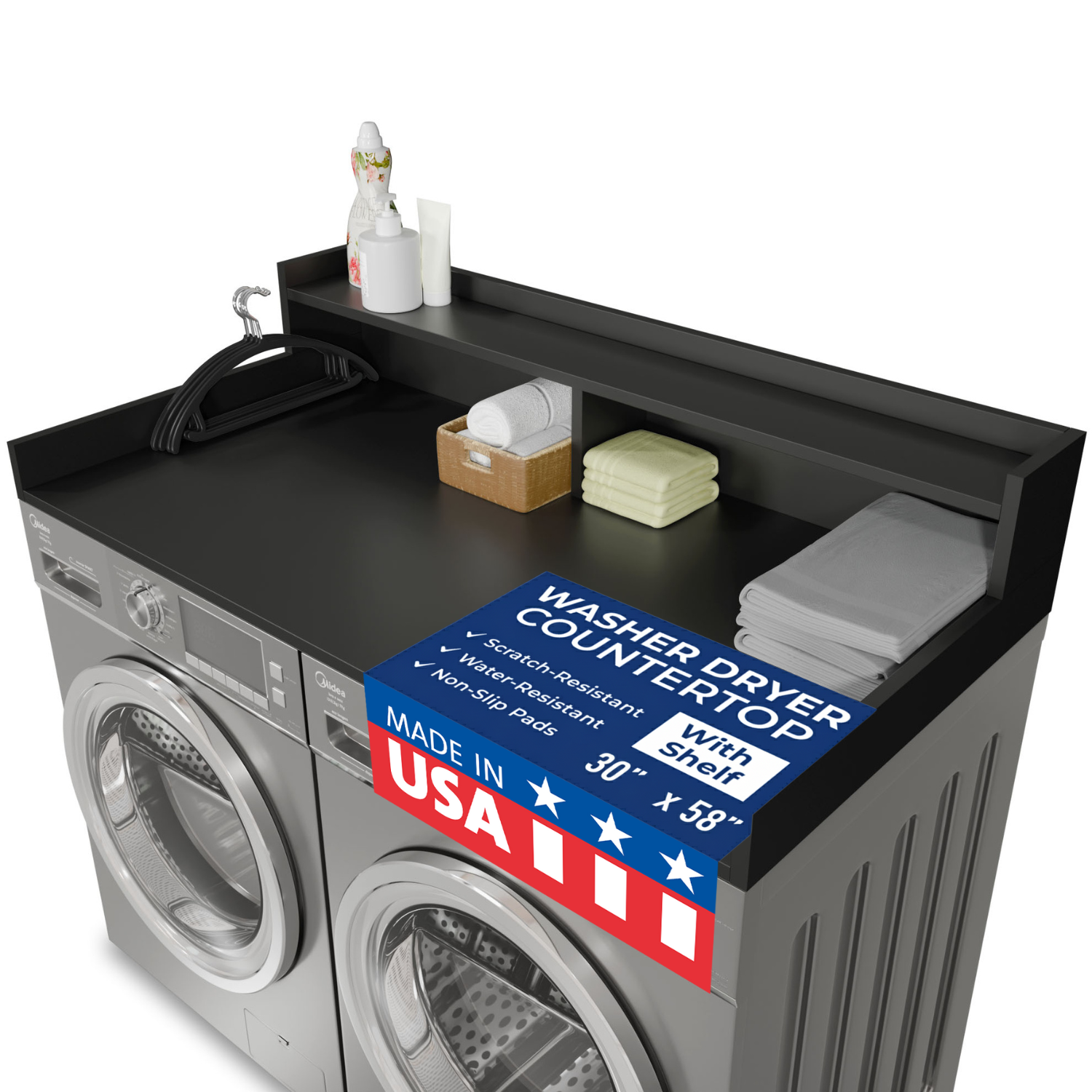 OfficeSimpli Washer Dryer Countertop with Shelf 30x58 Black