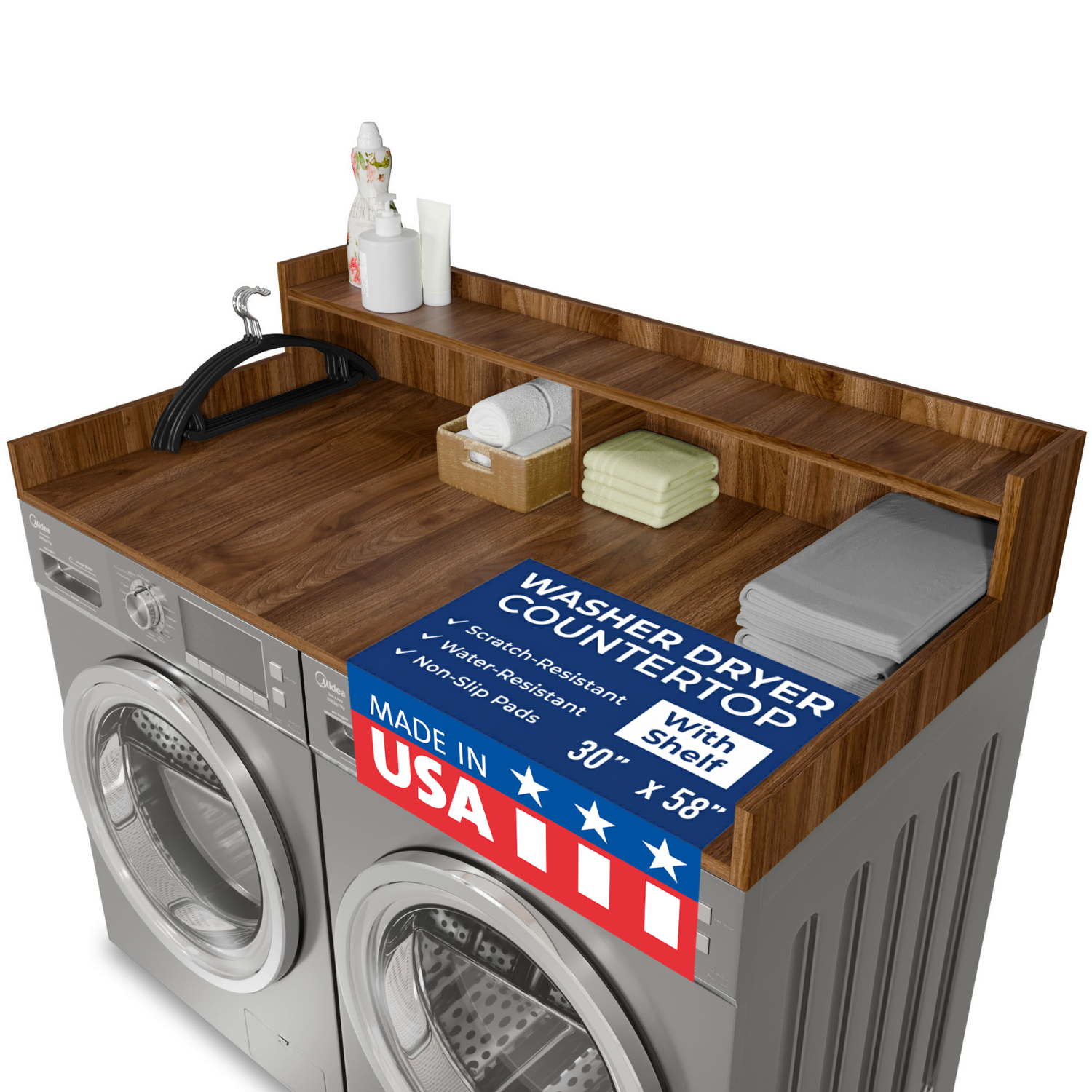 OfficeSimpli Washer Dryer Countertop with Shelf 30x58 California Walnut