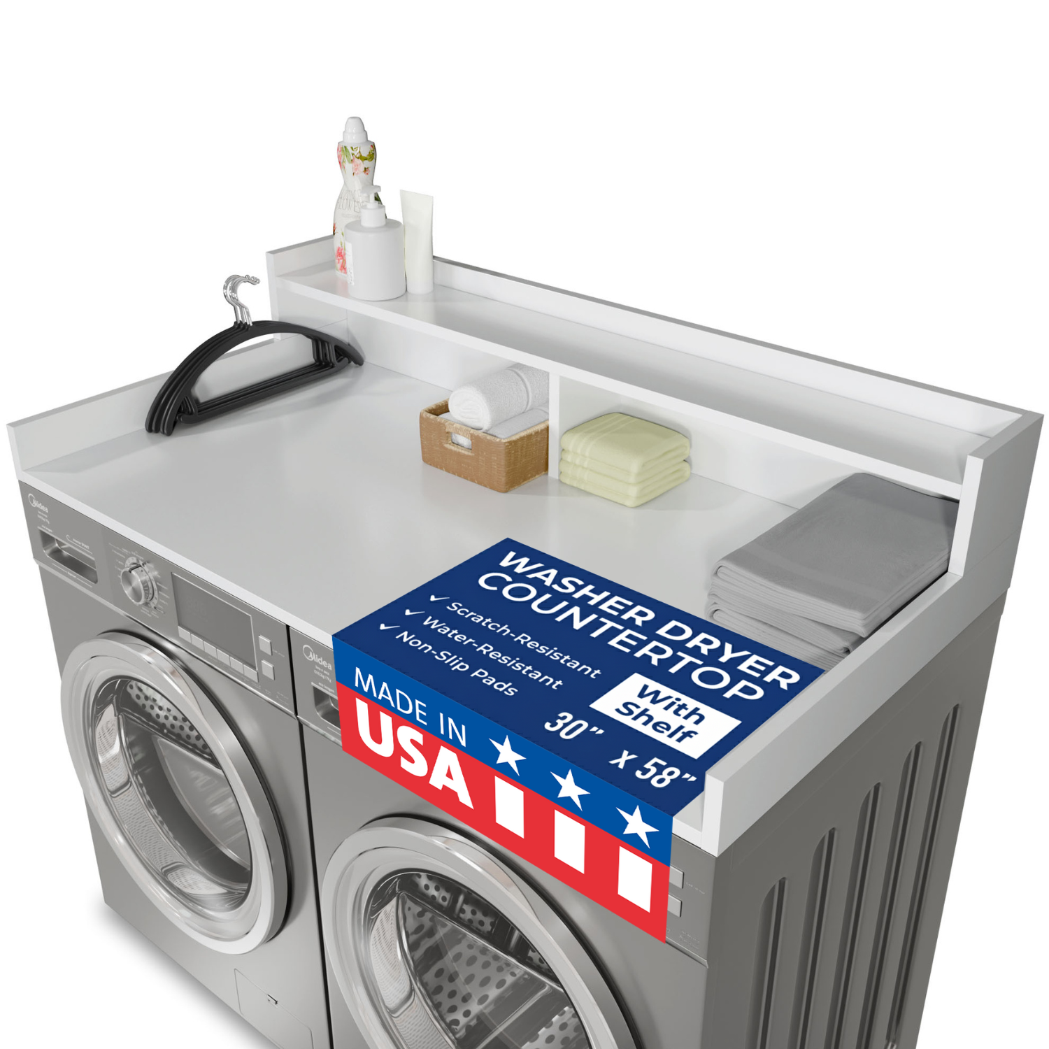 OfficeSimpli Washer Dryer Countertop with Shelf 30x58 Glacier White