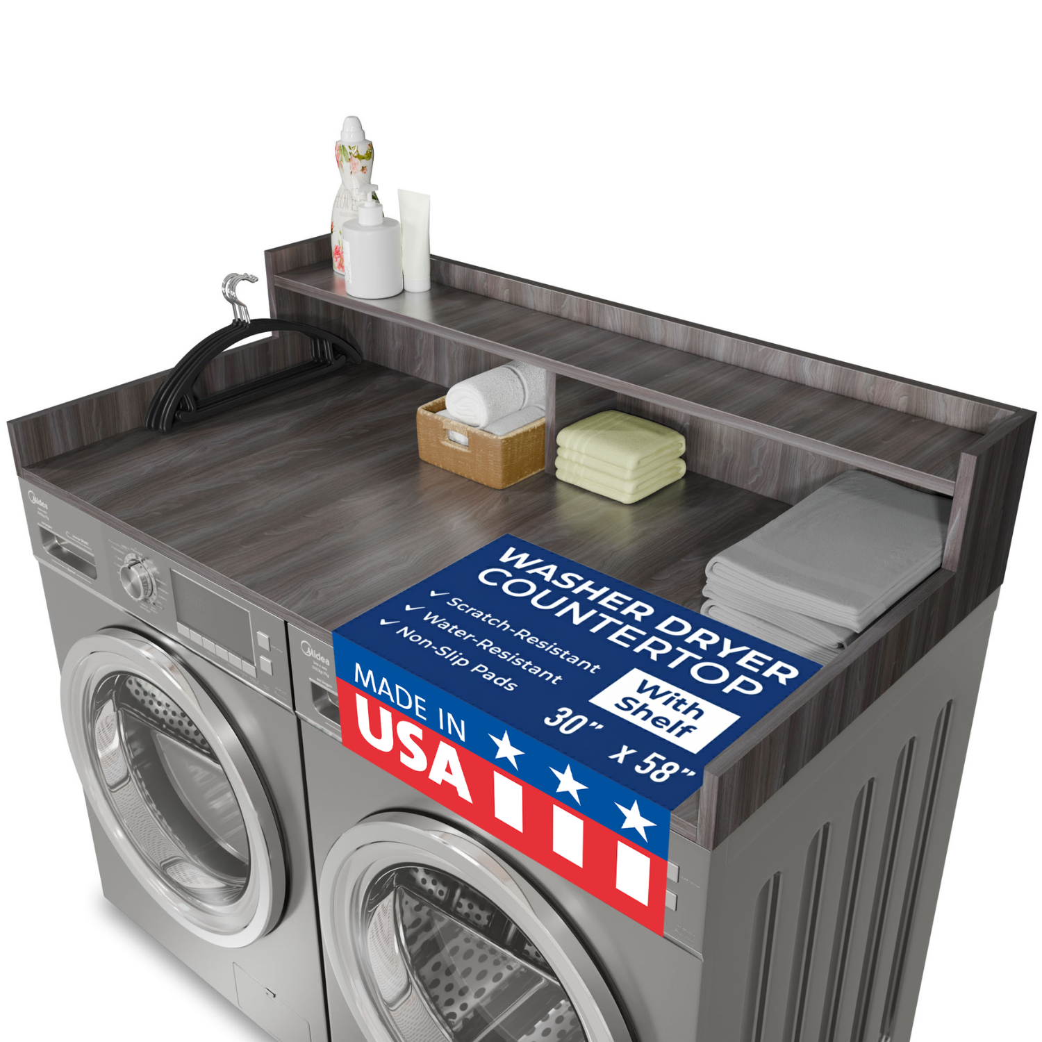 OfficeSimpli Washer Dryer Countertop with Shelf 30x58 Iconic Maple