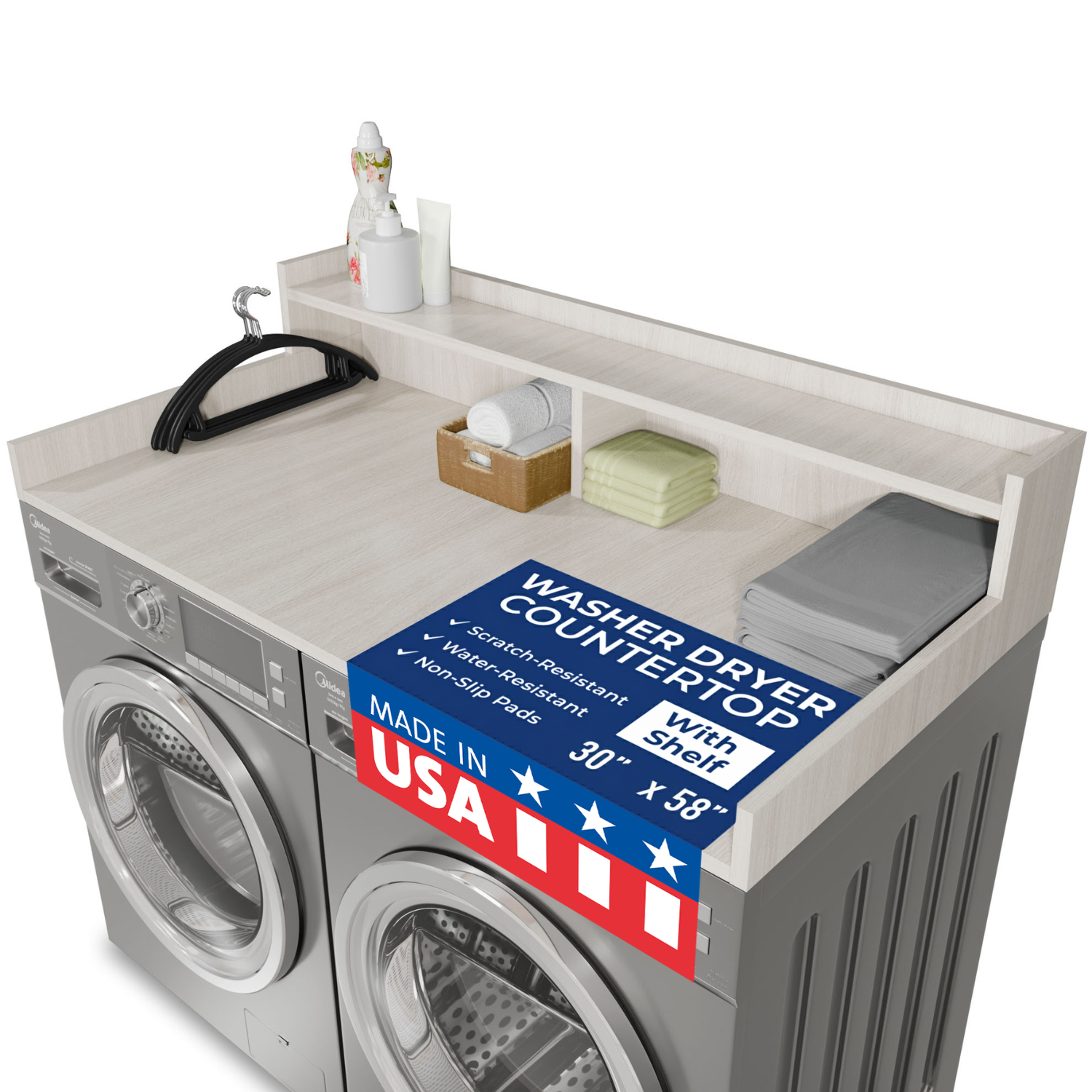 OfficeSimpli Washer Dryer Countertop with Shelf 30x58 Battle Creek Oak