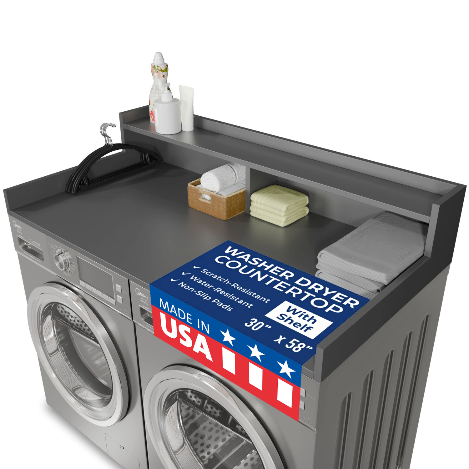 OfficeSimpli Washer Dryer Countertop with Shelf 30x58 Slate Grey