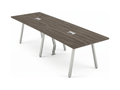144 inch minimal conference table with angled steel legs and a cable management spine