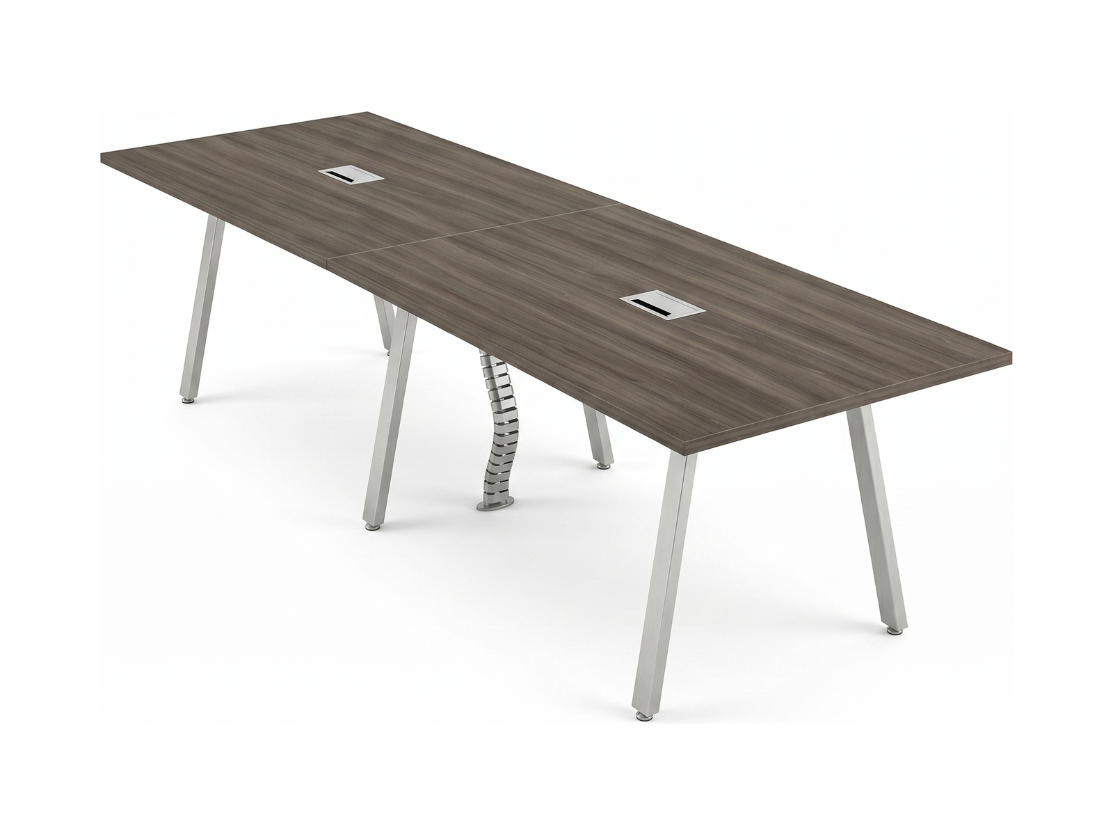 Minimal conference table in gray acajou with angled steel legs and cable management spine