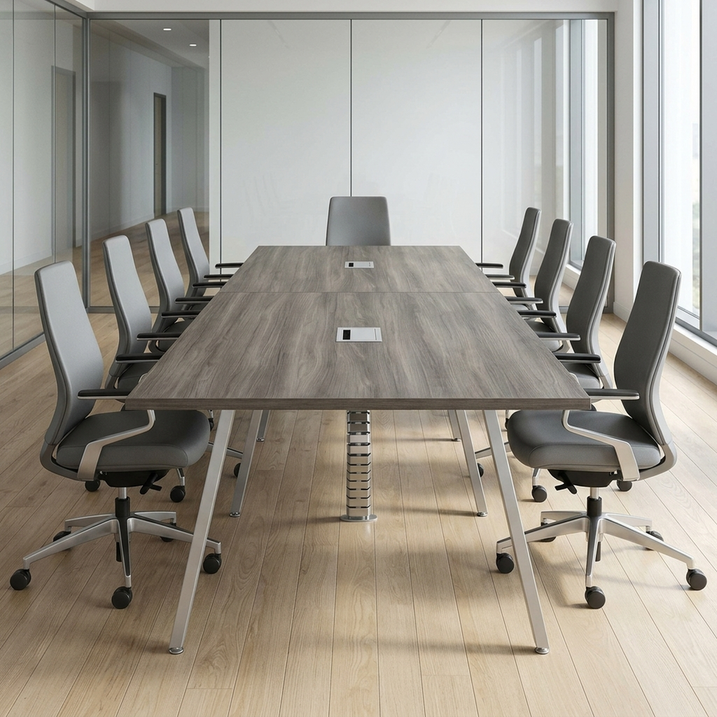 12 person minimal conference table with A-frame legs in a glass-walled boardroom