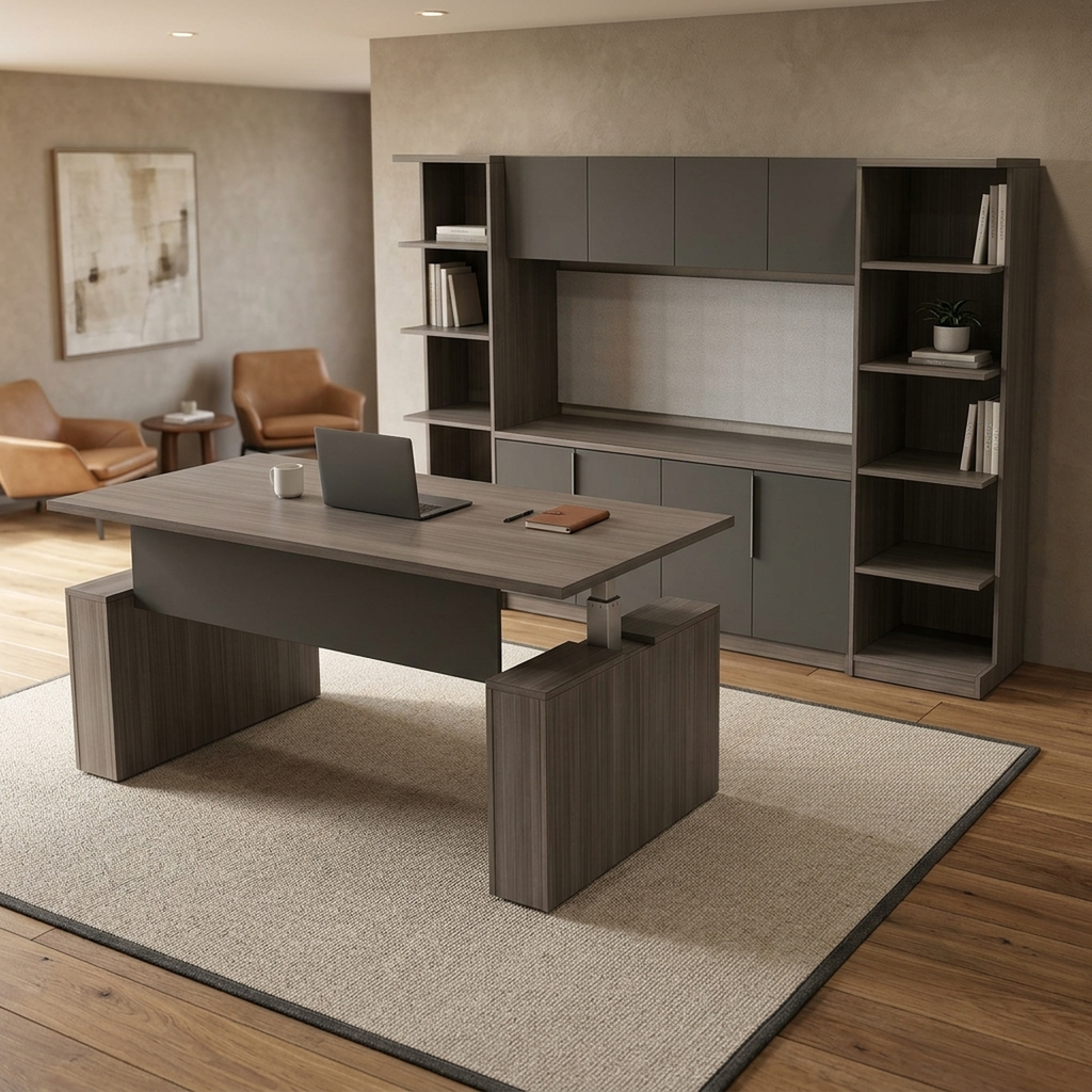 Modern corner desk with bookcase storage wall, gray woodgrain sit-stand desk with credenza and hutch