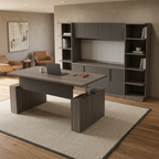 Modern corner desk with bookcase storage wall, gray woodgrain sit-stand desk with credenza and hutch