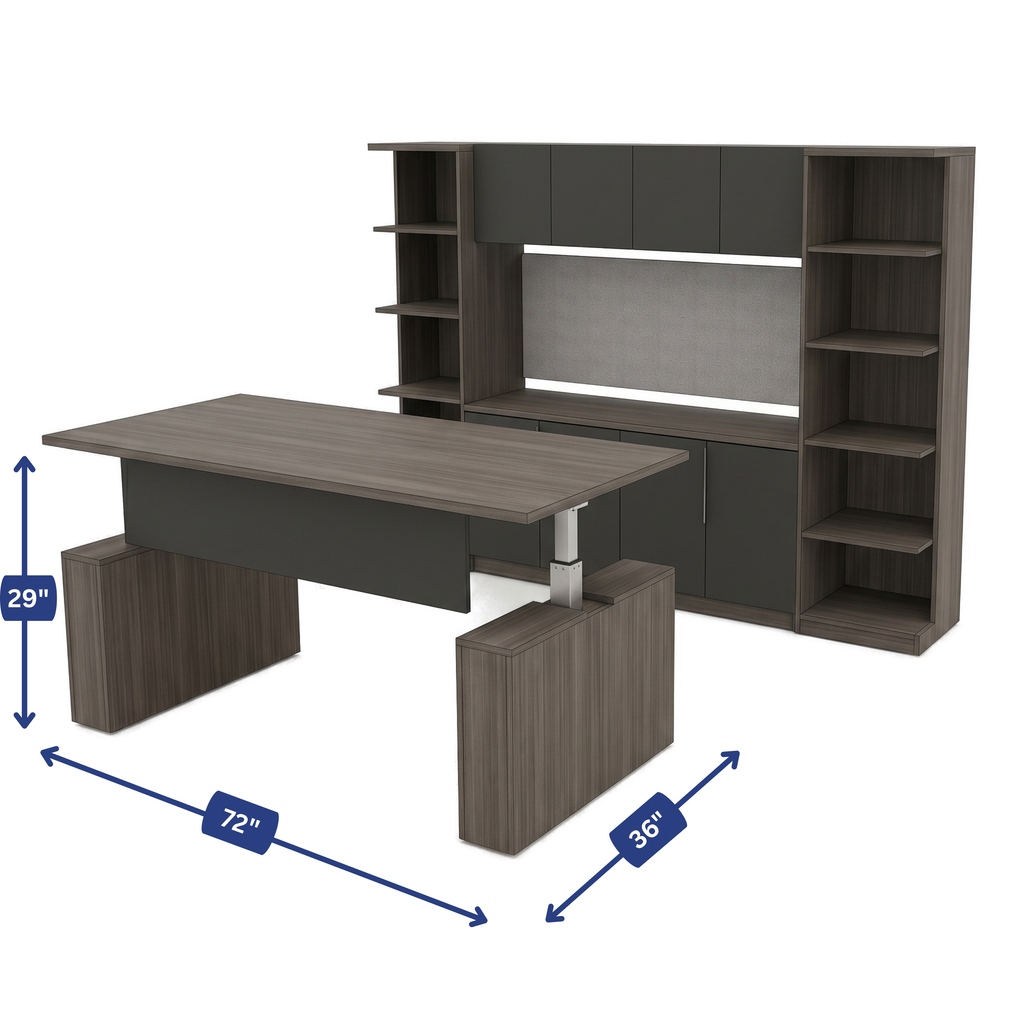 Ascend Modern Corner Office Desk with Storage Wall dimension diagram, 72 by 36 by 29 inches