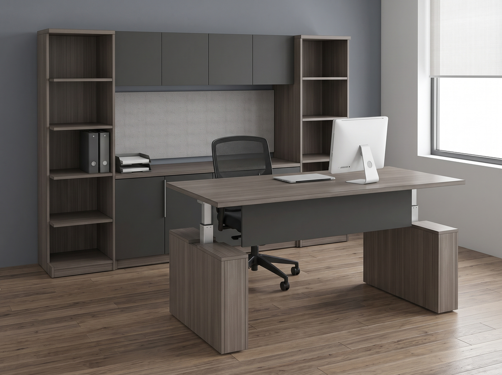 Gray woodgrain sit-stand desk with storage wall and two bookcase towers in a law office with a window