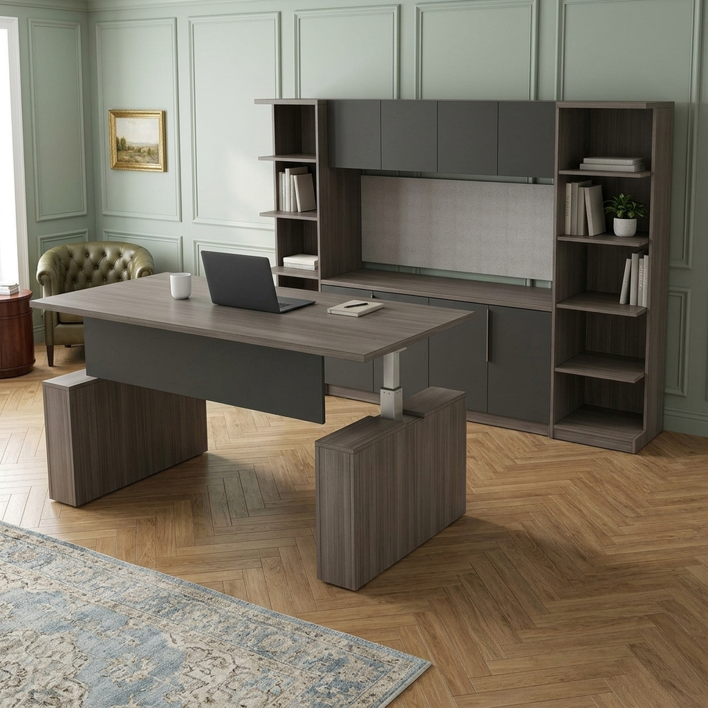 Gray sit-stand desk and storage wall with bookcases in a sage green paneled office