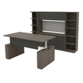 Modern corner office desk in gray woodgrain facing a storage wall with two bookcase towers
