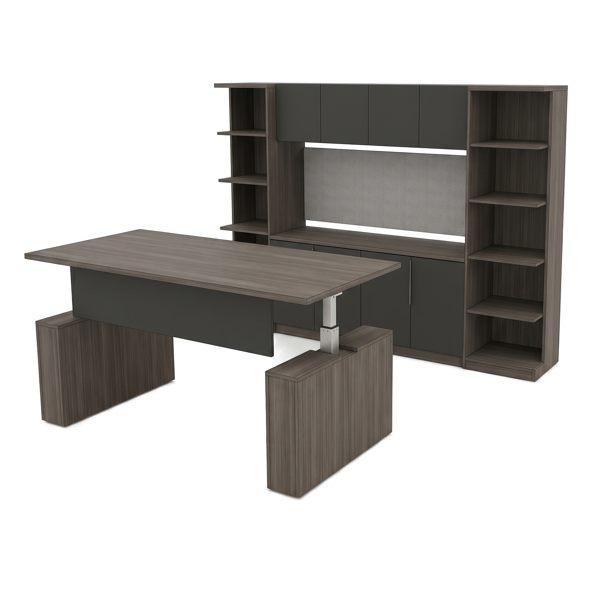 Modern corner office desk in gray woodgrain facing a storage wall with two bookcase towers