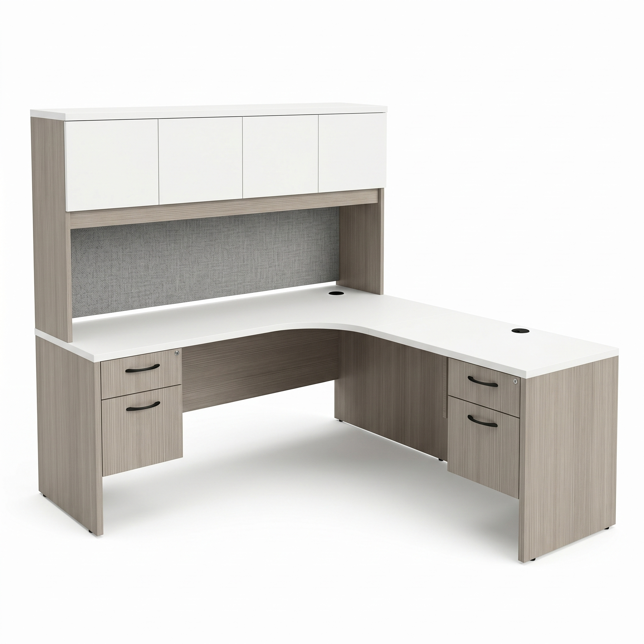Modern L shaped desk with overhead hutch and tackboard