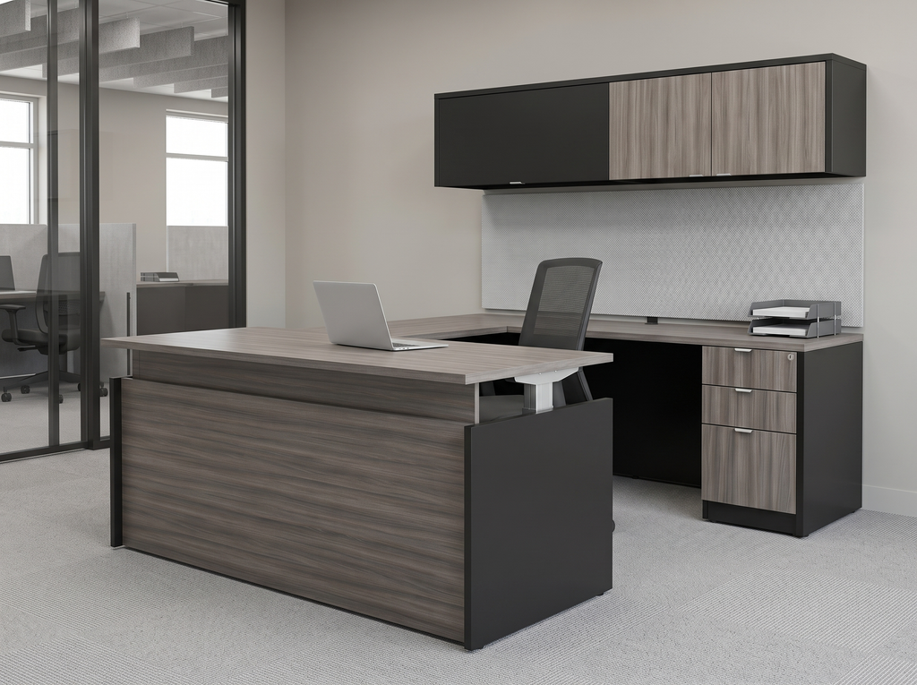 Modern desk with hutch and credenza from a low angle in an office with a glass partition