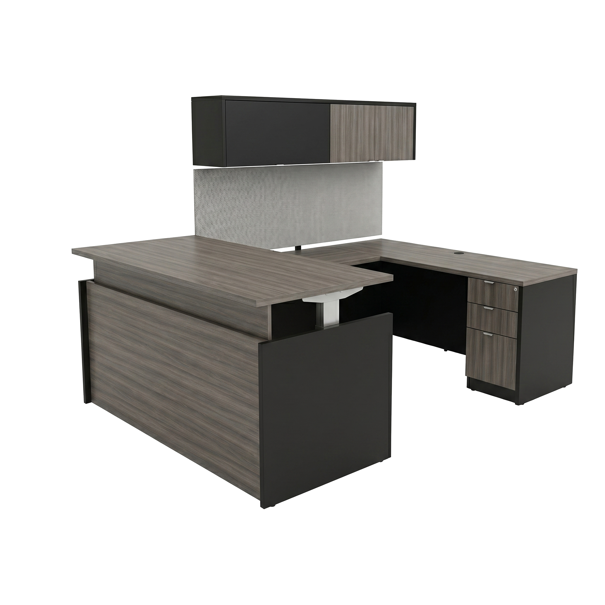 Modern office desk with hutch in gray woodgrain and charcoal with bridge and credenza